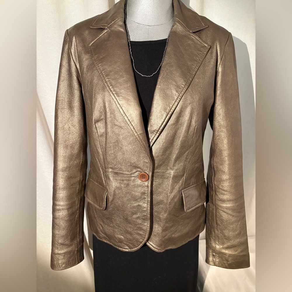 Worthington Metallic Lambskin Genuine Leather Blazer Y2K Glam Statement Jacket - Picture 11 of 12